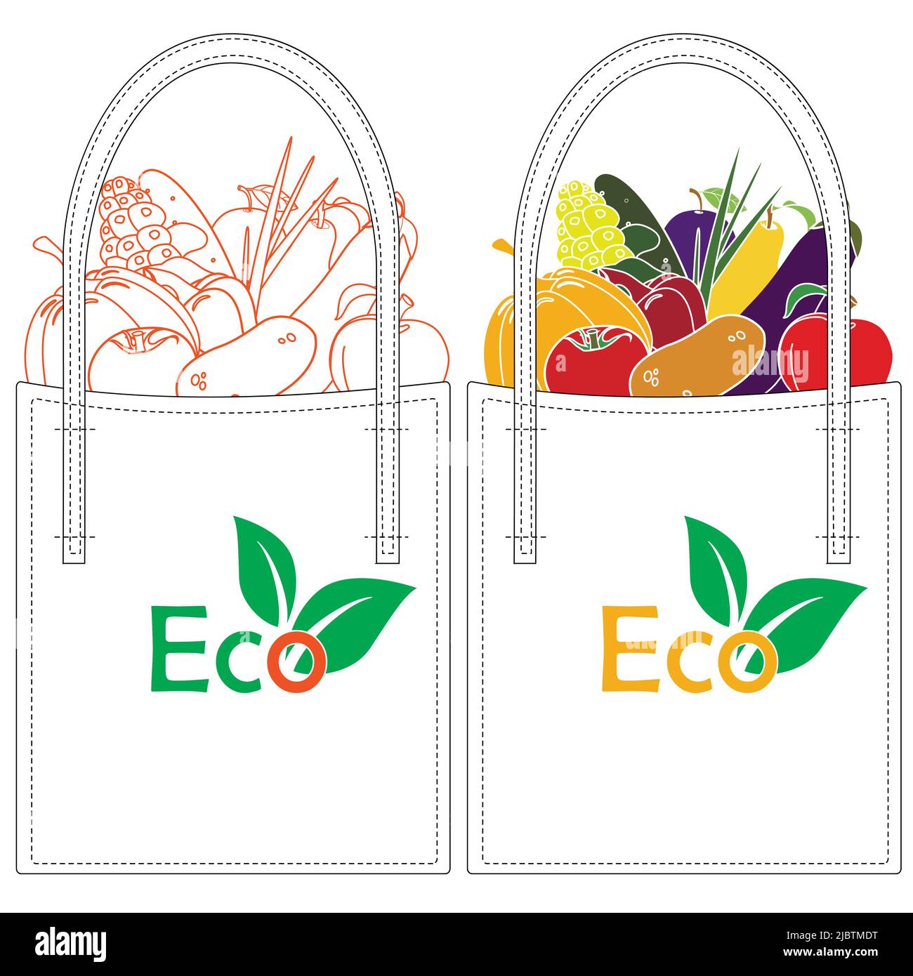 Öko-Beutel mit Gemüse und Obst. Abbildung eines Umweltprodukts, das zum Recycling verwendet wird, als Beispiel für den Umweltschutz. Stock Vektor