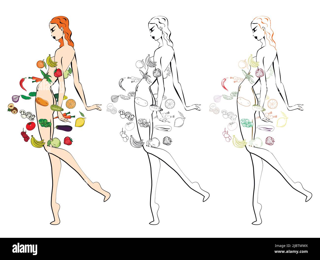 Die Figur eines Mädchens, umgeben von Obst und Gemüse. Illustration einer gesunden Ernährung zur Gewichtsabnahme und Ernährung Programme. Ein Symbol für Balken, RE Stock Vektor