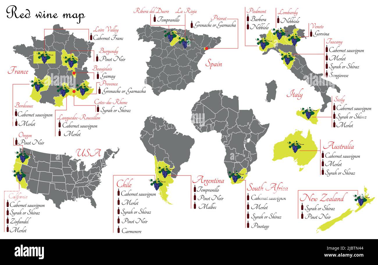 Rotweinkarten. Karten zur Weinproduktion mit Rebsorten. Regionen des Weinanbaus für die Weinproduktion. Stock Vektor