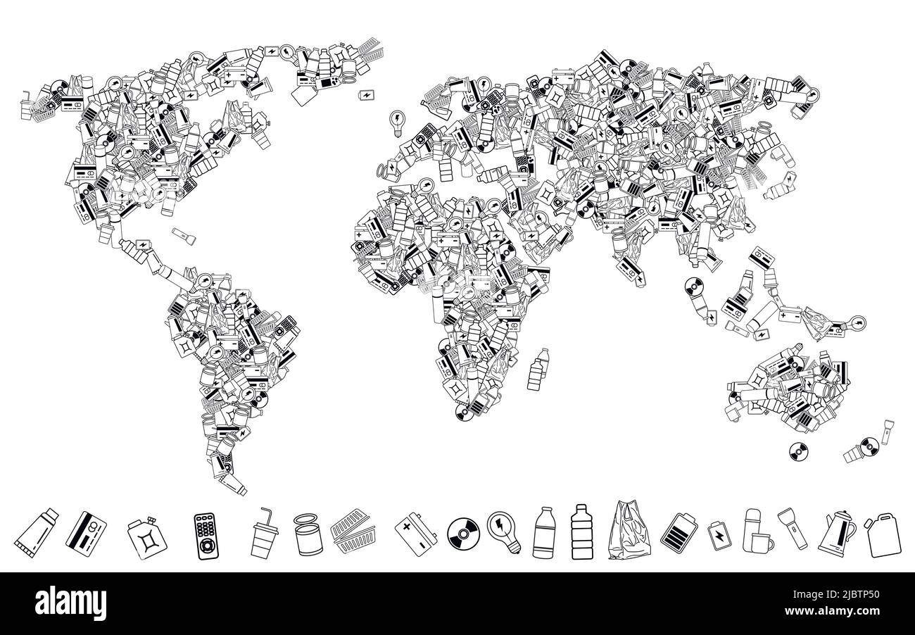 Die Weltkarte ist aus Müll gebaut. Illustration zum Thema Ökologie und Umweltschutz. Abfall und nicht recycelte Kontinente. Stock Vektor