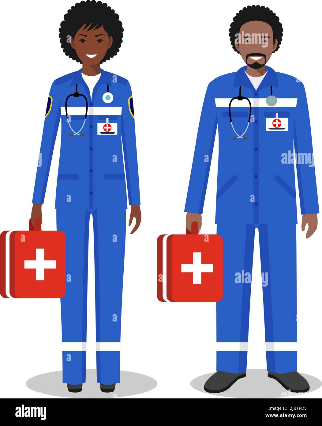 Medizinisches Konzept. Ein Paar afroamerikanischer Ärzte, Mann und Frau, die auf weißem Hintergrund in flachem Stil zusammenstehen. Flaches Design für Menschen. Stock Vektor