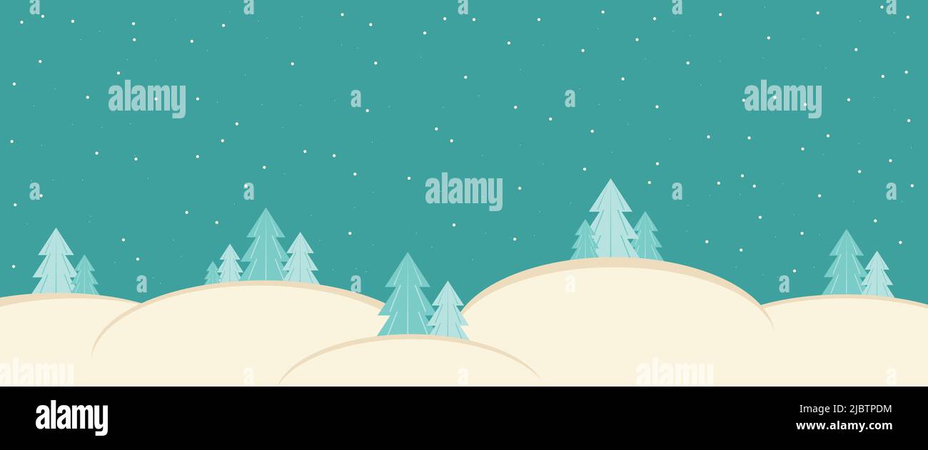 Winterhintergrund mit Schneeverwehungen und Weihnachtsbäumen an einem blauen Himmel mit Schnee. Stock Vektor