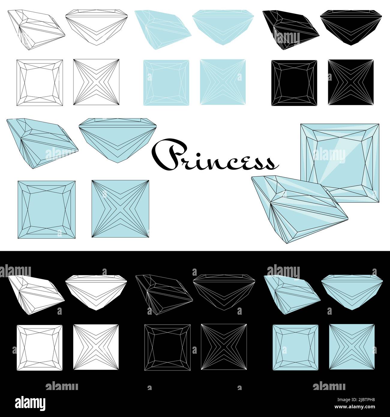 Princess Cut. Schneiden von Edelsteinen. Arten von Diamantschliff. Vier Seiten von Schmuck mit Facetten für Hintergrund, Schnitzerei und Färbung. Stock Vektor