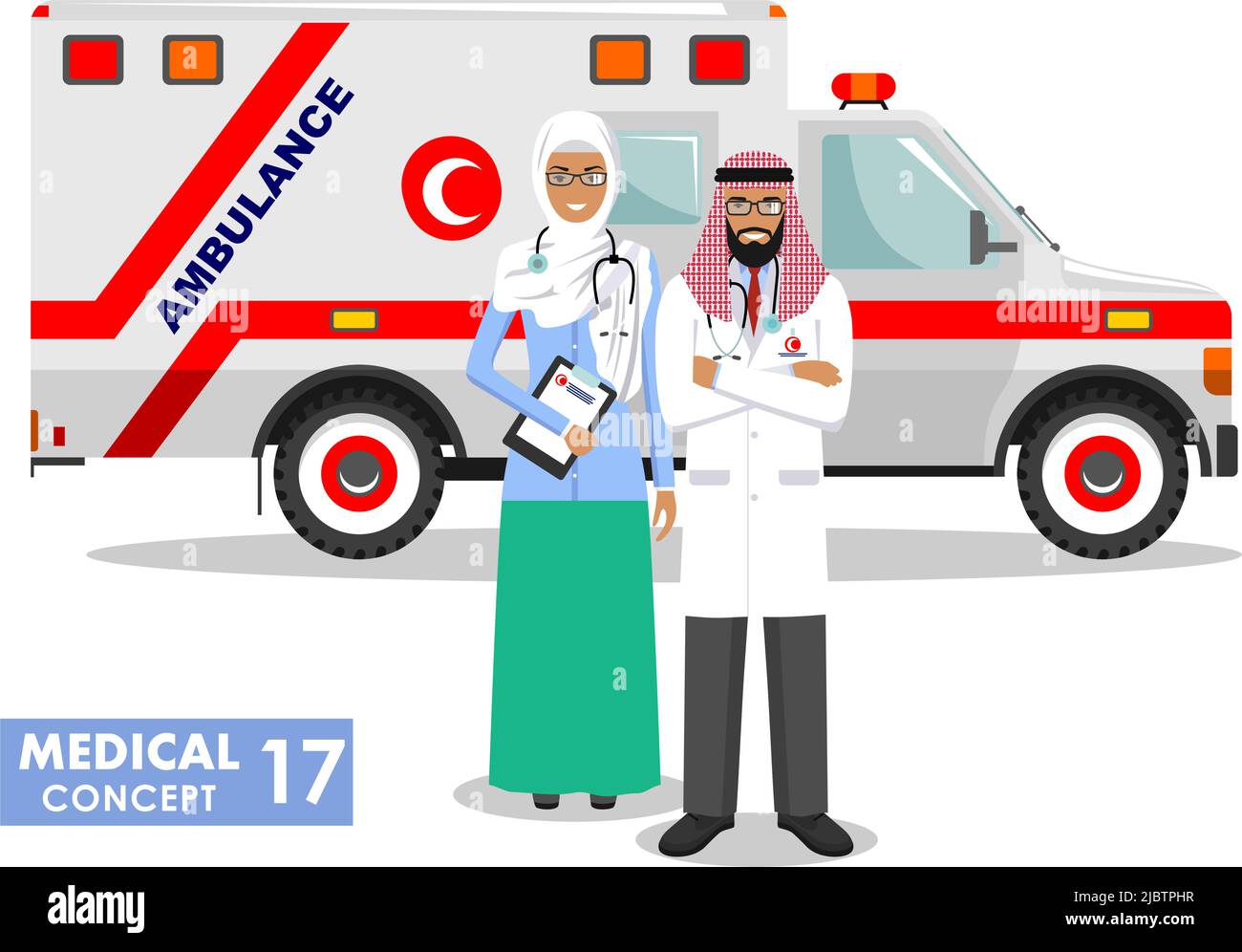 Detaillierte Illustration muslimischer Krankenwagen und arabischer Sanitäter, Notarzt, Krankenschwester in flachem Stil auf weißem Hintergrund. Vektorgrafiken Stock Vektor