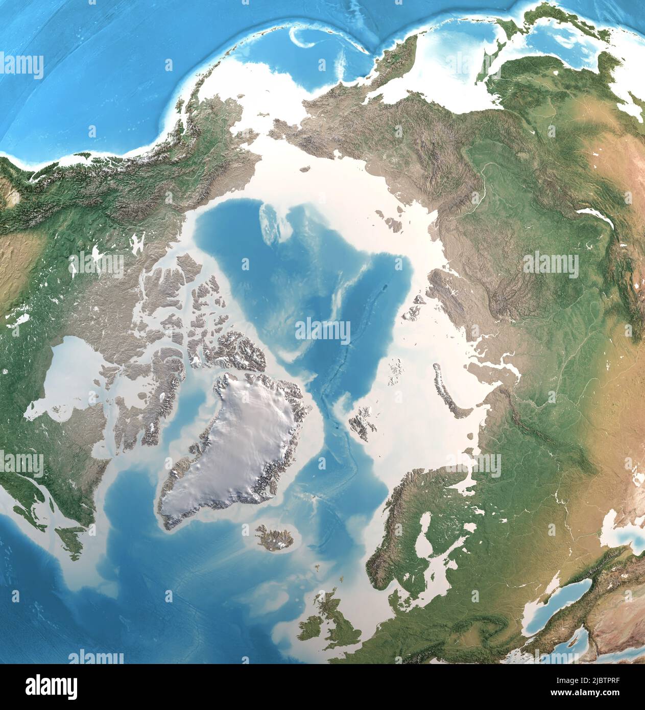 Physische Karte des Nordpols, des Arktischen Ozeans und Grönlands mit hochauflösenden Details. Satellitenansicht des Planeten Erde. Von der NASA eingerichtete Elemente Stockfoto
