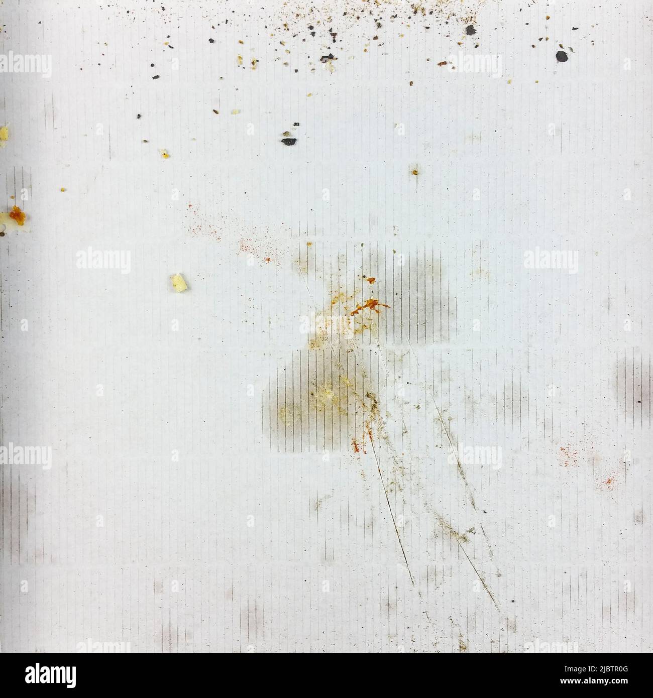 Dreckige, leere Pizzabox - Draufsicht Stockfoto