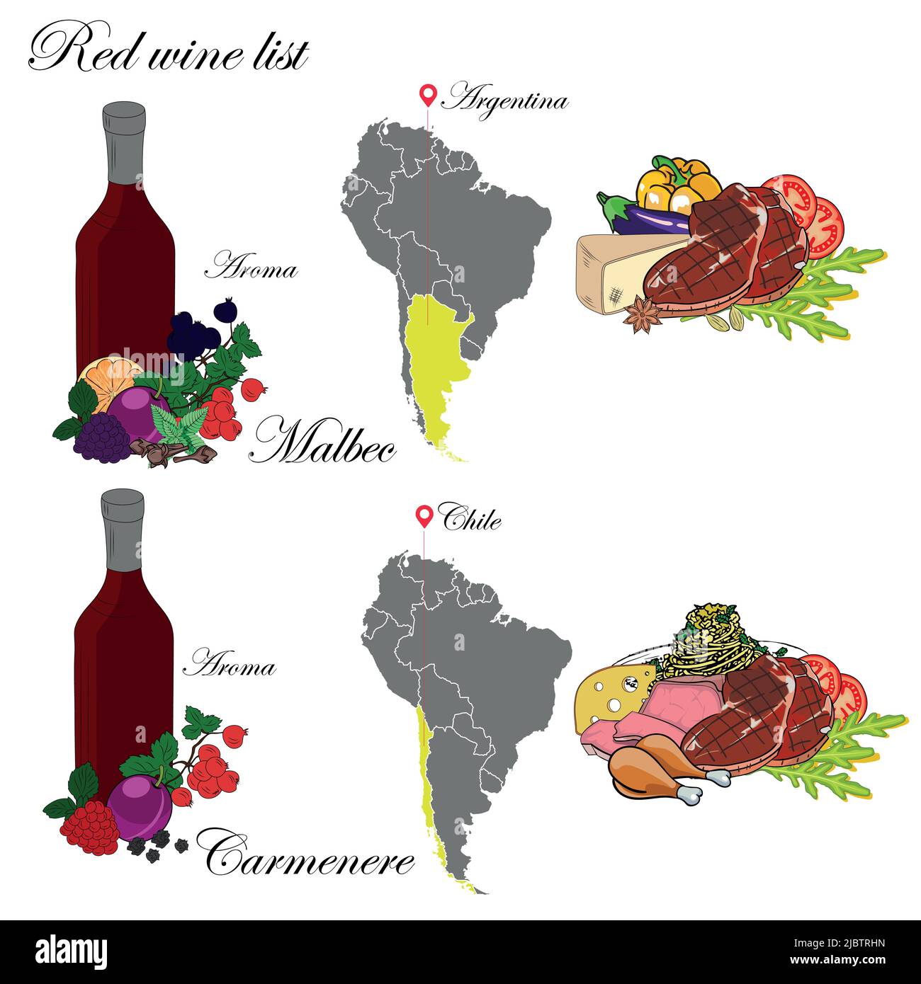 Malbec und Carmenere. Die Weinkarte. Eine Illustration eines Rotweines mit einem Beispiel von Aromen, einer Weinkarte und Speisen, die zum Wein passen. Stock Vektor