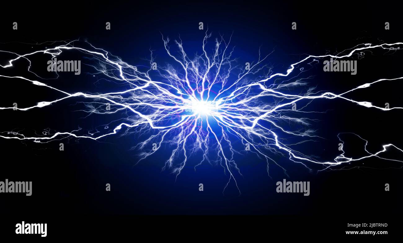 Blaue und weiße Energie mit elektrischer elektrischer Plasma-Power-Crackling-Fusion Stockfoto