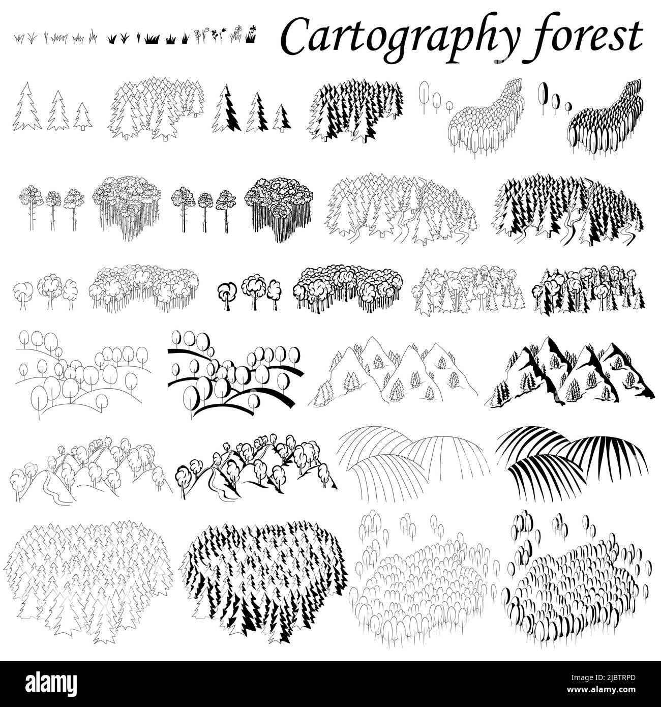 Kartographie. Elemente für die Erstellung von Karten Fantasie oder Spiele. Wald und Berge mit Wäldern. Schwarz-weiß handgezeichnetes Set. Stock Vektor