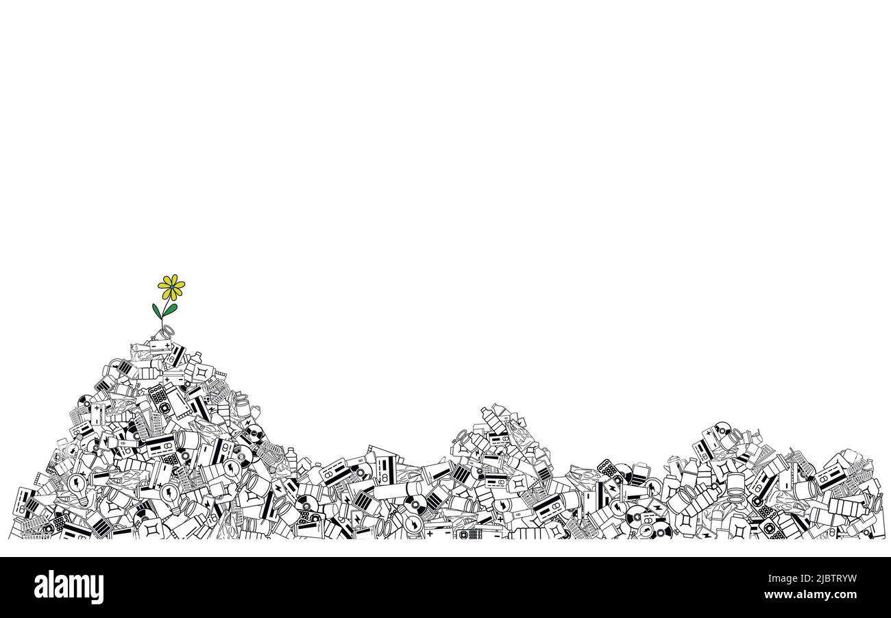 Blume auf einem Haufen Müll. Symbolischer Hintergrund des Umweltschutzes. Illustration zum Thema Ökologie und Umweltschutz. Stock Vektor