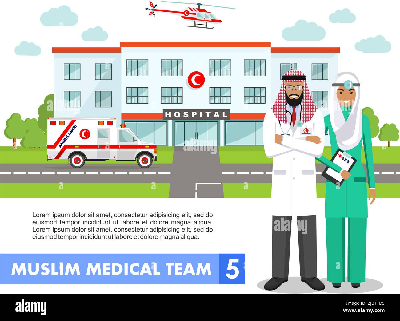 Detaillierte Darstellung von muslimischen arabischen Mitarbeitern, medizinischem Hubschrauber, Ambulanzwagen und Krankenhausgebäude in flachem Stil auf weißem Hintergrund Stock Vektor