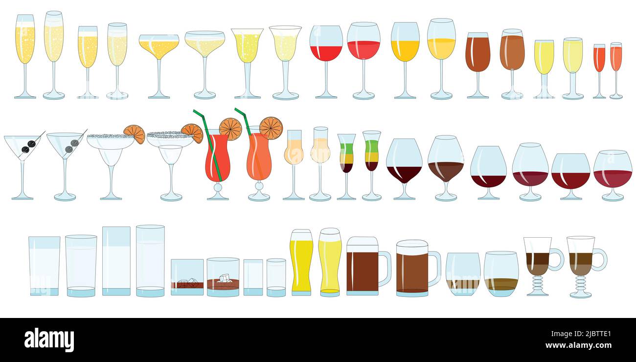 Gläser für Wein Farbabbildung, Champagner, Whiskey, Cognac. Arten von Gläsern für alkoholische und alkoholfreie Getränke. Stock Vektor