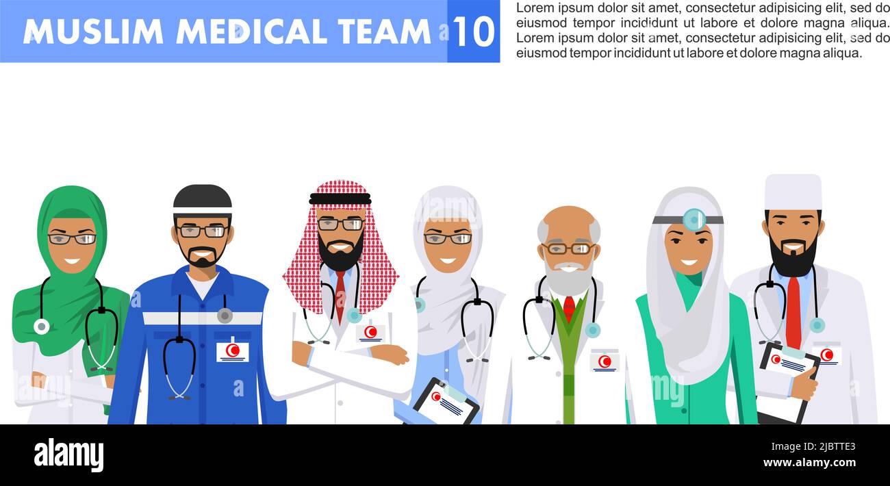 Detaillierte Darstellung von muslimischen arabischen Medizinern in flachem Stil auf weißem Hintergrund. Stock Vektor