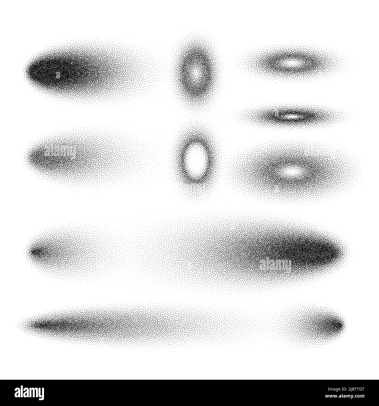 Gestrichelte Schatten, gepunktete Designelemente. Verblassender Verlauf. Stippeln, Dotwork-Zeichnen, Schattierung mit Punkten. Pixelzerfall, Halbtoneffekt Stock Vektor