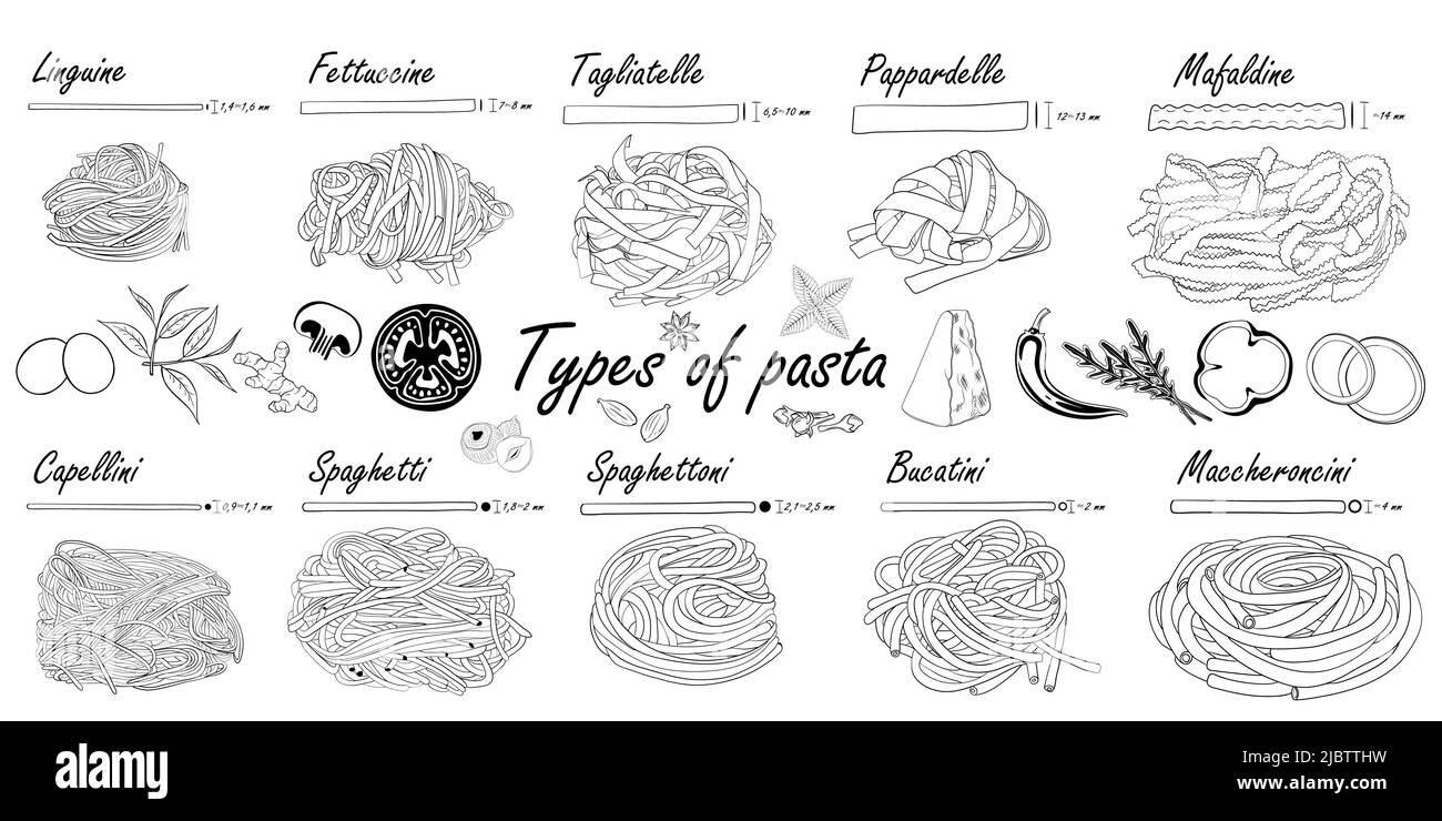 Arten von Pasta. Schwarz und Weiß. Lange Nudeldifferenz, Beispiel für Illustration. Stock Vektor