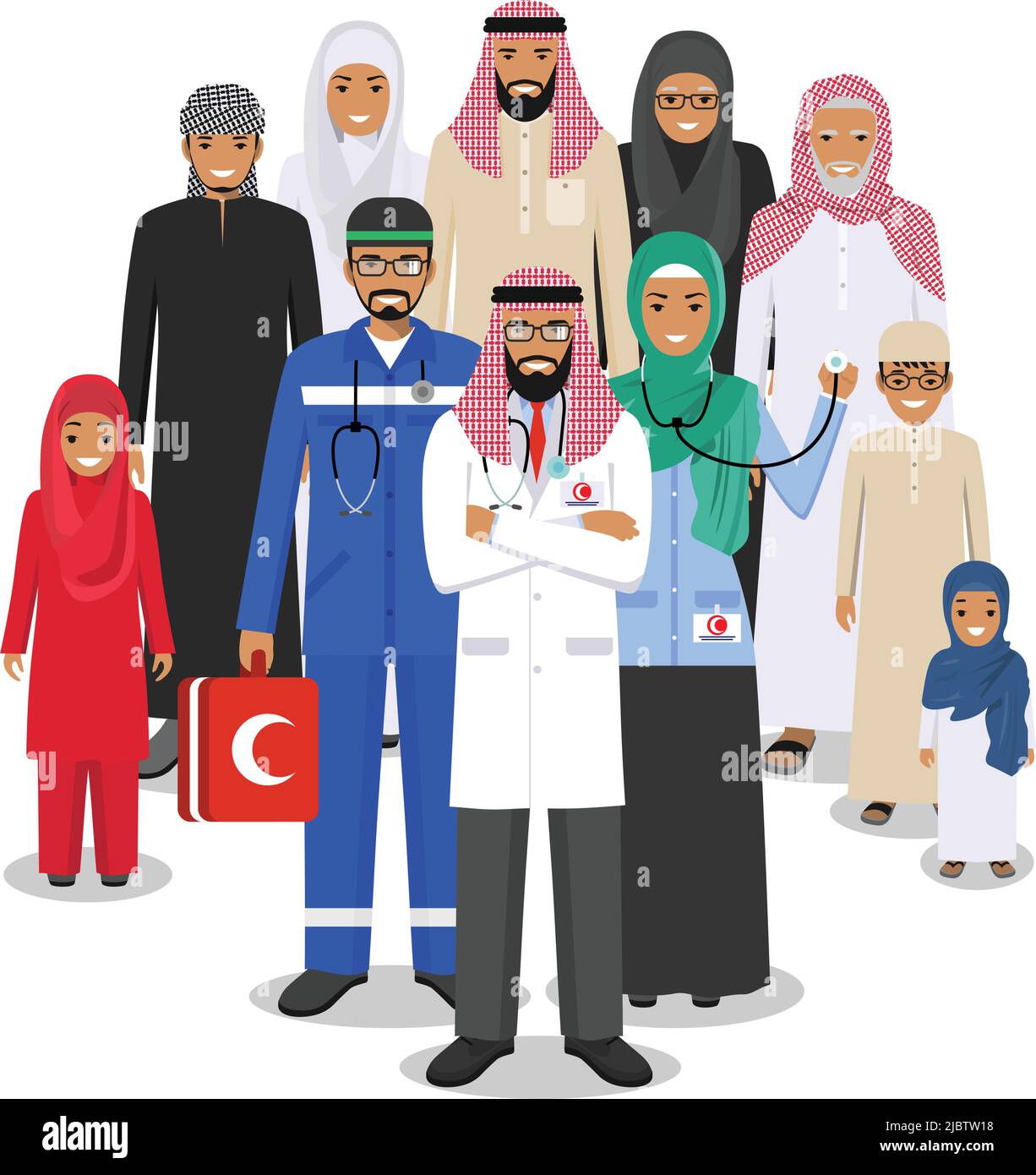 Muslimische Familie in traditioneller islamischer Kleidung und arabische Ärzte stehen zusammen. Vektorgrafik. Stock Vektor