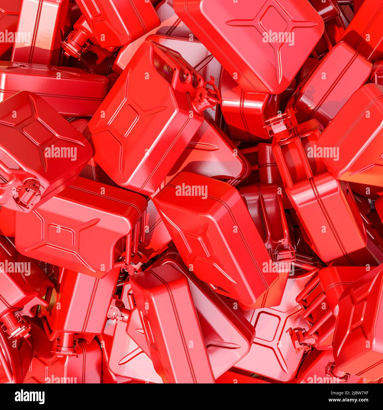 Rote Benzinkanister stapelten sich zusammen. 3D Rendern Stockfoto