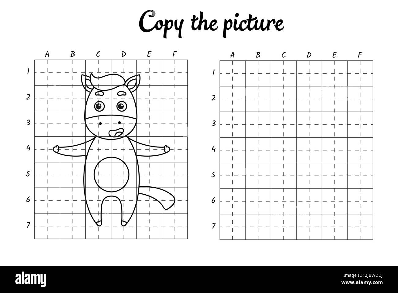 Kopieren Sie das Bild. Zeichnen durch Raster. Malbuch-Seiten für Kinder. Handschrift üben, Zeichnen Fähigkeiten Training. Bildung Entwicklung druckbarer Arbeitsblätter. Stock Vektor