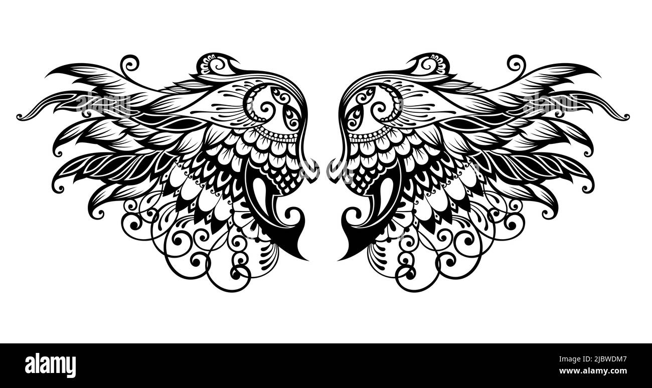Ein Paar Vogelflügel. Engel. Vektor-Illustration für Tattoo. Element für Holzschnitzerei Stock Vektor