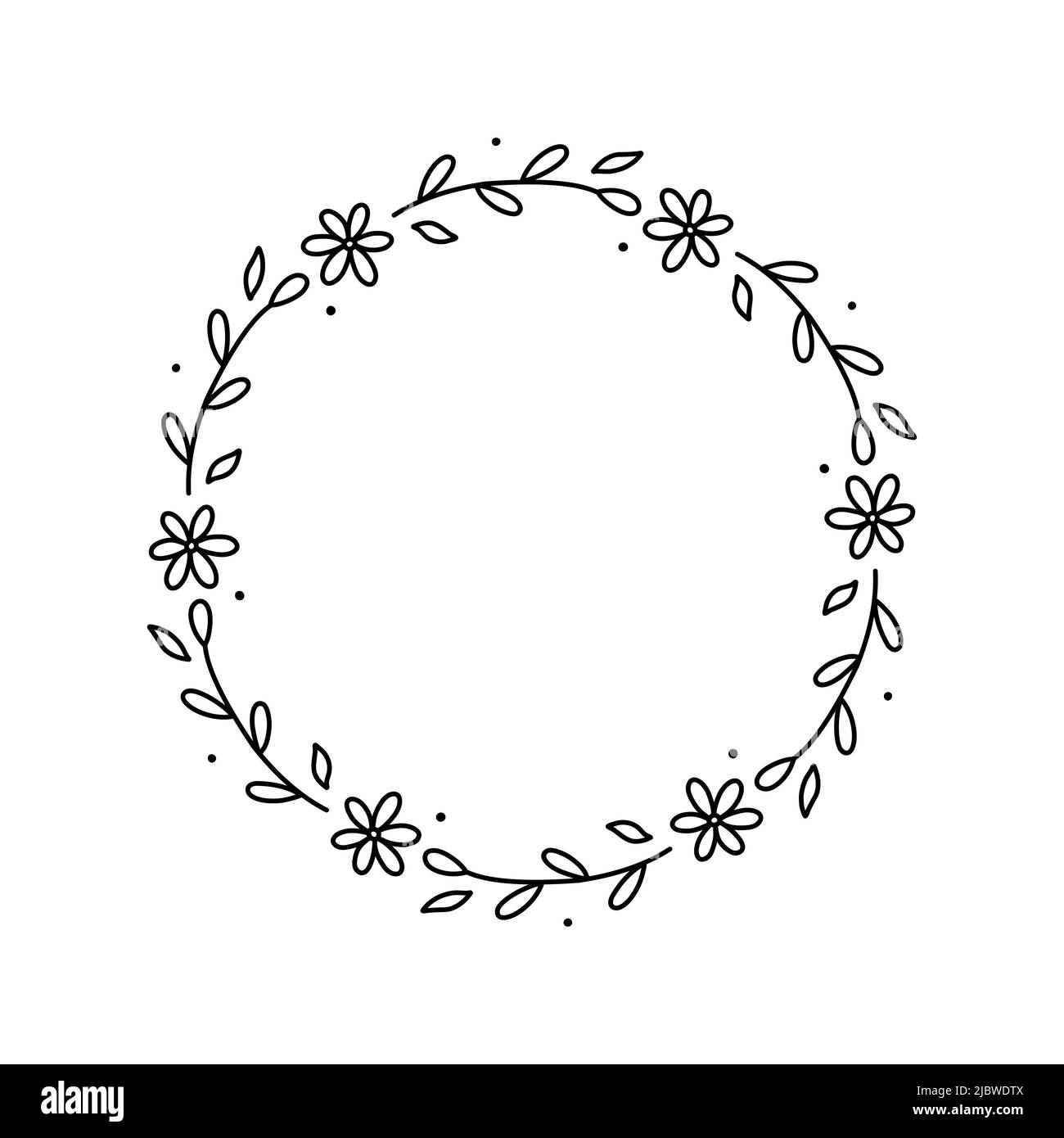 Blumenkranz im Frühling auf weißem Hintergrund isoliert. Runder Rahmen mit Blumen. Vektor-handgezeichnete Illustration im Doodle-Stil. Perfekt für Karten Stock-Vektorgrafik