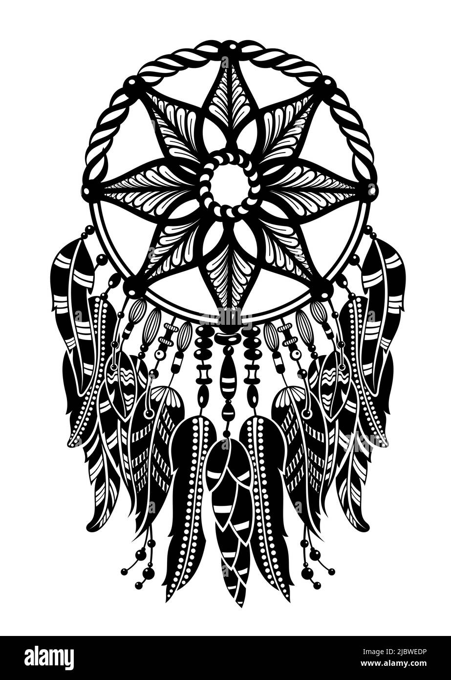 Traumfänger mit Fäden, Perlen und Federn. indianisches Symbol im Boho-Stil. Vektor Tribal Illustration. Ethnische indische Traumfänger Silhouetten Stock Vektor