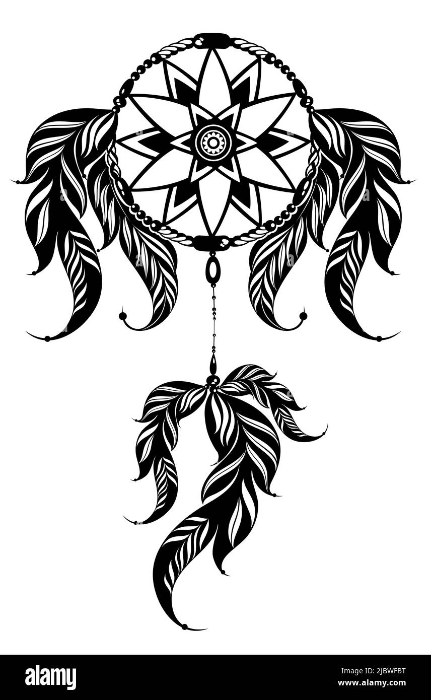 Traumfänger mit Fäden, Perlen und Federn. indianisches Symbol im Boho-Stil. Vektor Tribal Stock Vektor