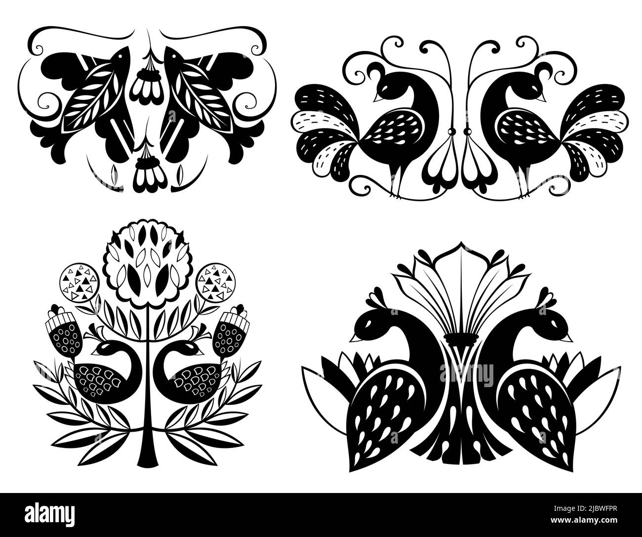 Illustration mit Vögeln und Blumen im skandinavischen Stil. Volkskunst Stock Vektor