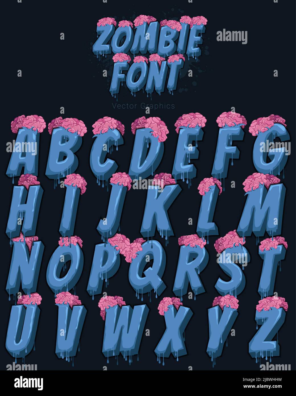 Gestylte Vektor-A-Z-Schriftart-Set mit einem lustigen Comic-Stil - Zombie-Schriftart Stock Vektor Gestylte Vektor-A-Z-Schriftart-Set mit einem lustigen Comic-Stil - Zombie-Schriftart Stock Vektor