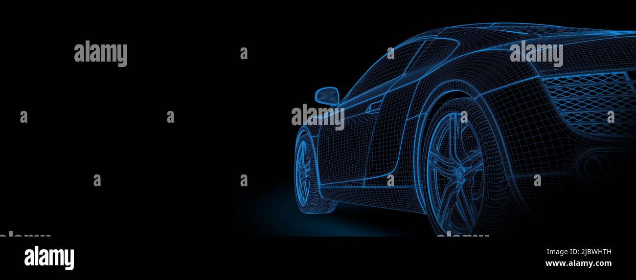 Wireframe eines generischen und markenlosen Sportwagens. 3D Abbildung Stockfoto