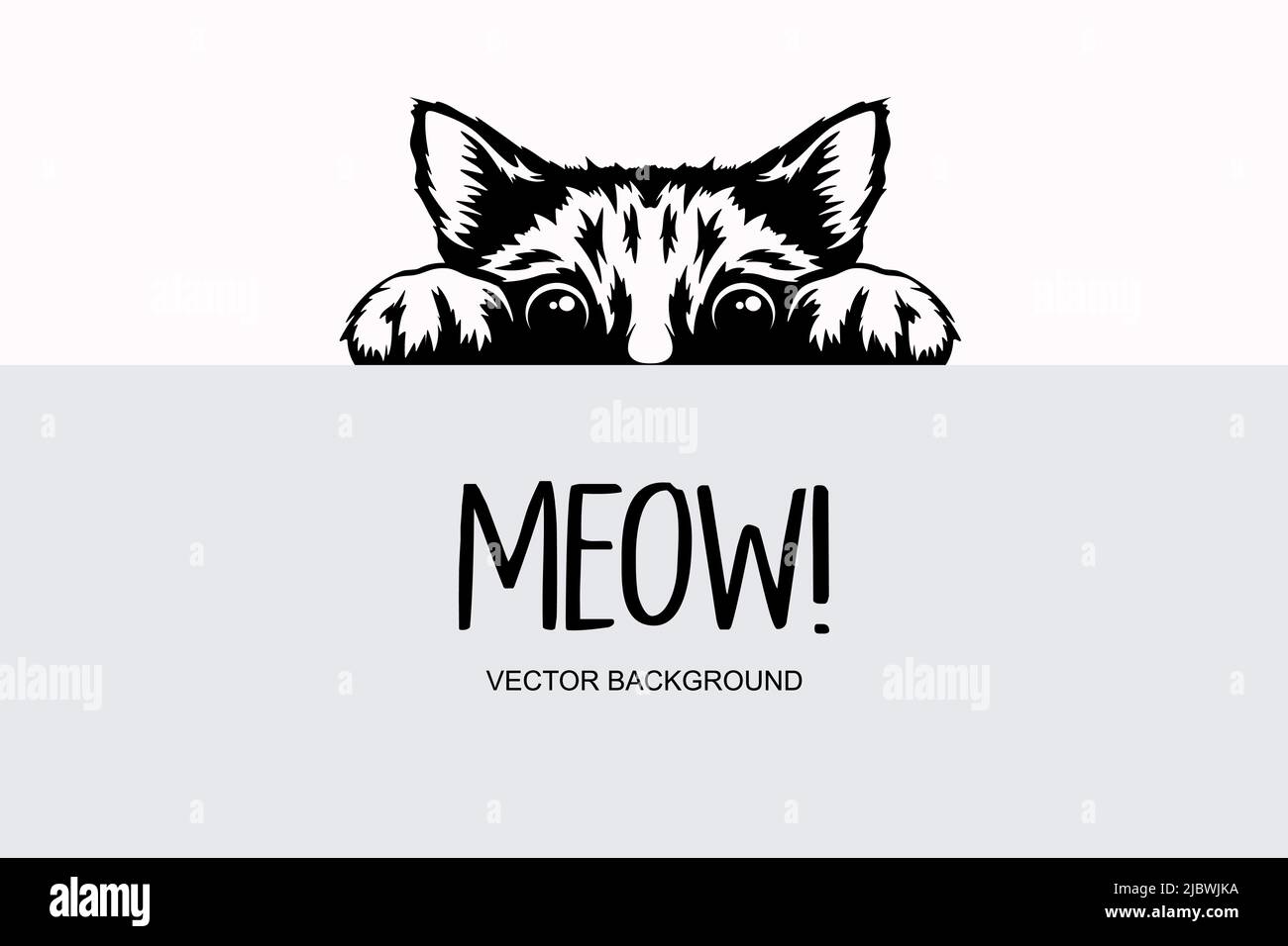 Vektor Monochrom Handschublade Schwarz, Weiß Versteckt Peeking Kitten. Kätzchen-Kopf mit aufgepaarten Pfoten, die über ein blank weißes Schild, Poster, Karte, Banner aufsteigen. Haustier Stock Vektor
