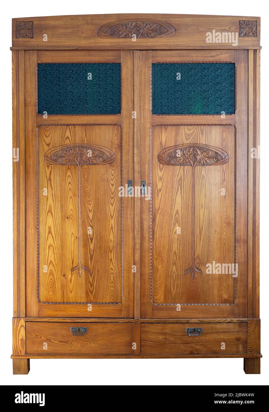 Brauner klassischer Kleiderschrank mit zwei Türen isoliert auf weißem Hintergrund. Klassische Möbel. Vintage-Innenausstattung. Stockfoto