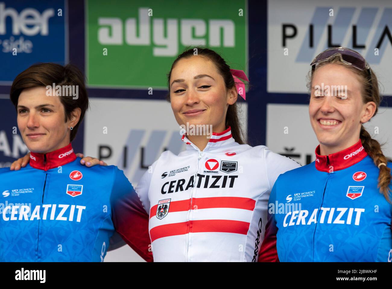 Kathrin Schweinberger von CERATIZIT WNT Pro Cycling im Colchester Sports Park für das UCI Women’s Tour Radrennen Etappe 1 nach Bury St. Edmunds Stockfoto