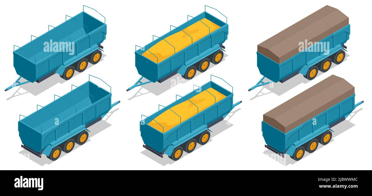 Isometrischer Anhänger Für Korntrichter. Semi-Traktor und verwendet, um Schüttgüter wie Getreide zu transportieren. Stock Vektor
