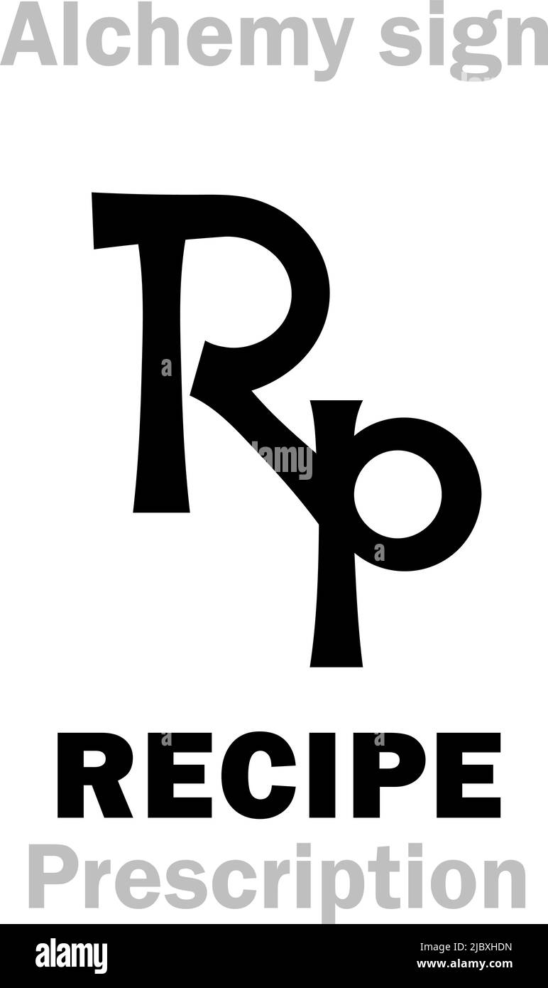 Alchemie Alphabet: REZEPT (Receptum < Recipere 'Take Thou'), Empfang – Methode der Zubereitung, auch: Apothekerformel, pharmazeutische Rezept. Stock Vektor