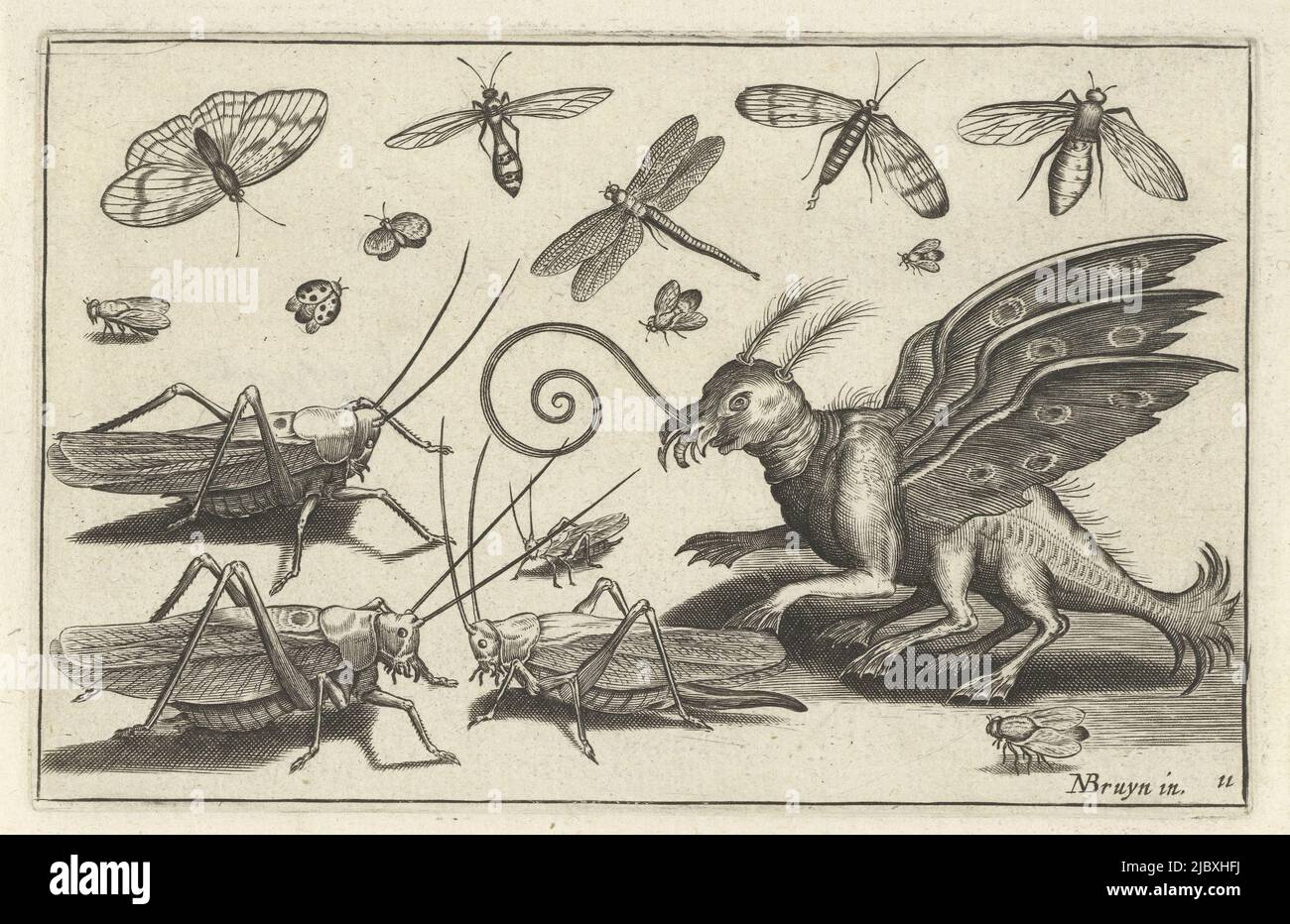 Heuschrecken und Fantasiewesen mit Flügeln und Flossen Vögel und Insekten (Serientitel), Nicolaes de Bruyn, (auf Objekt erwähnt), Druckerei: Anonym, Verlag: Claes Jansz. Visscher (II), 1594 - 1644, Papier, Gravur, H 81 mm × B 127 mm Stockfoto