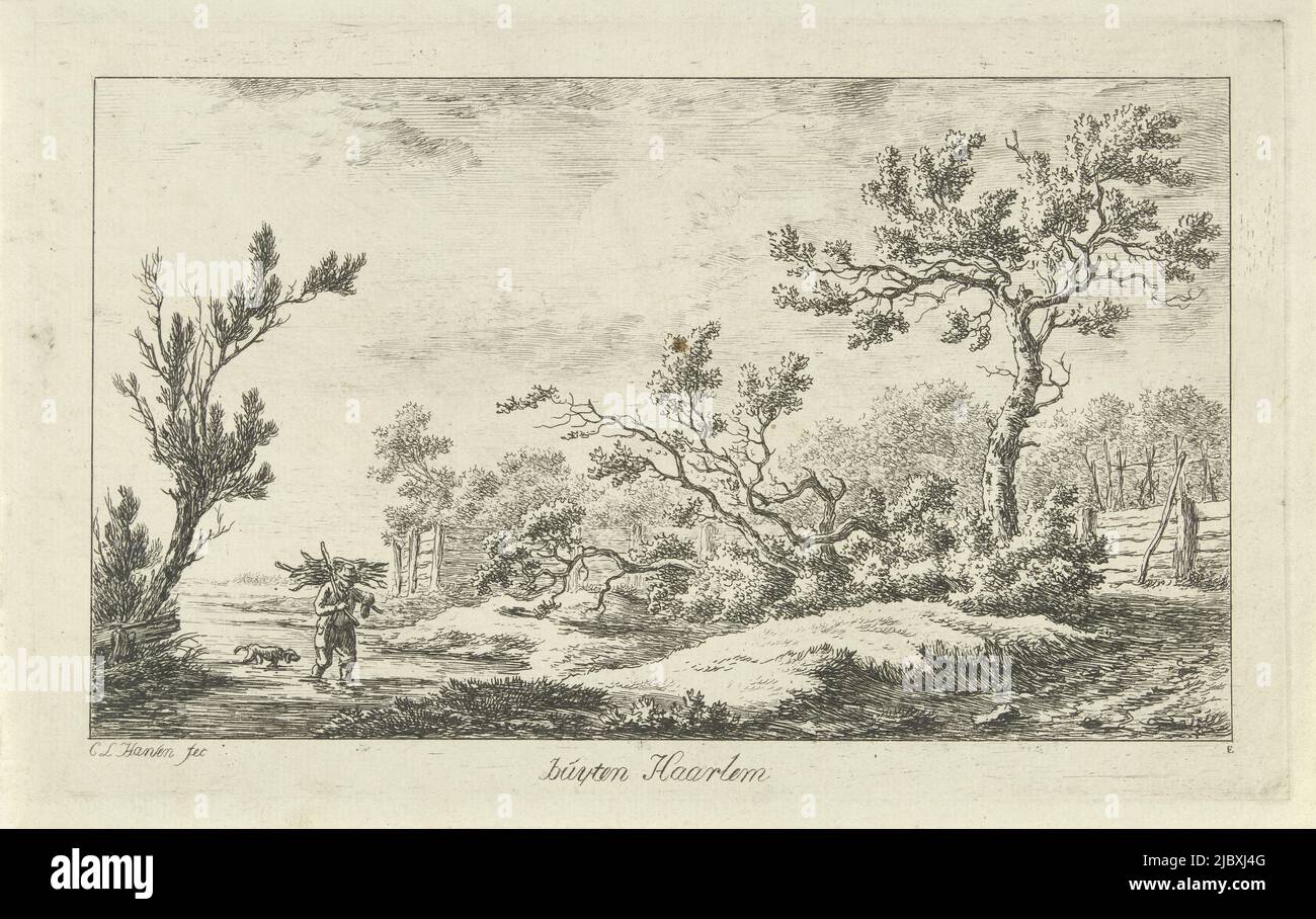Holzsuchende Buyten Haarlem (Titel auf Objekt) Landschaften (a-f) (Serientitel), Druckerei: Carel Lodewijk Hansen, (erwähnt auf Objekt), Niederlande, c. 1780 - 1840, Papier, Radierung, H 154 mm × B 248 mm Stockfoto