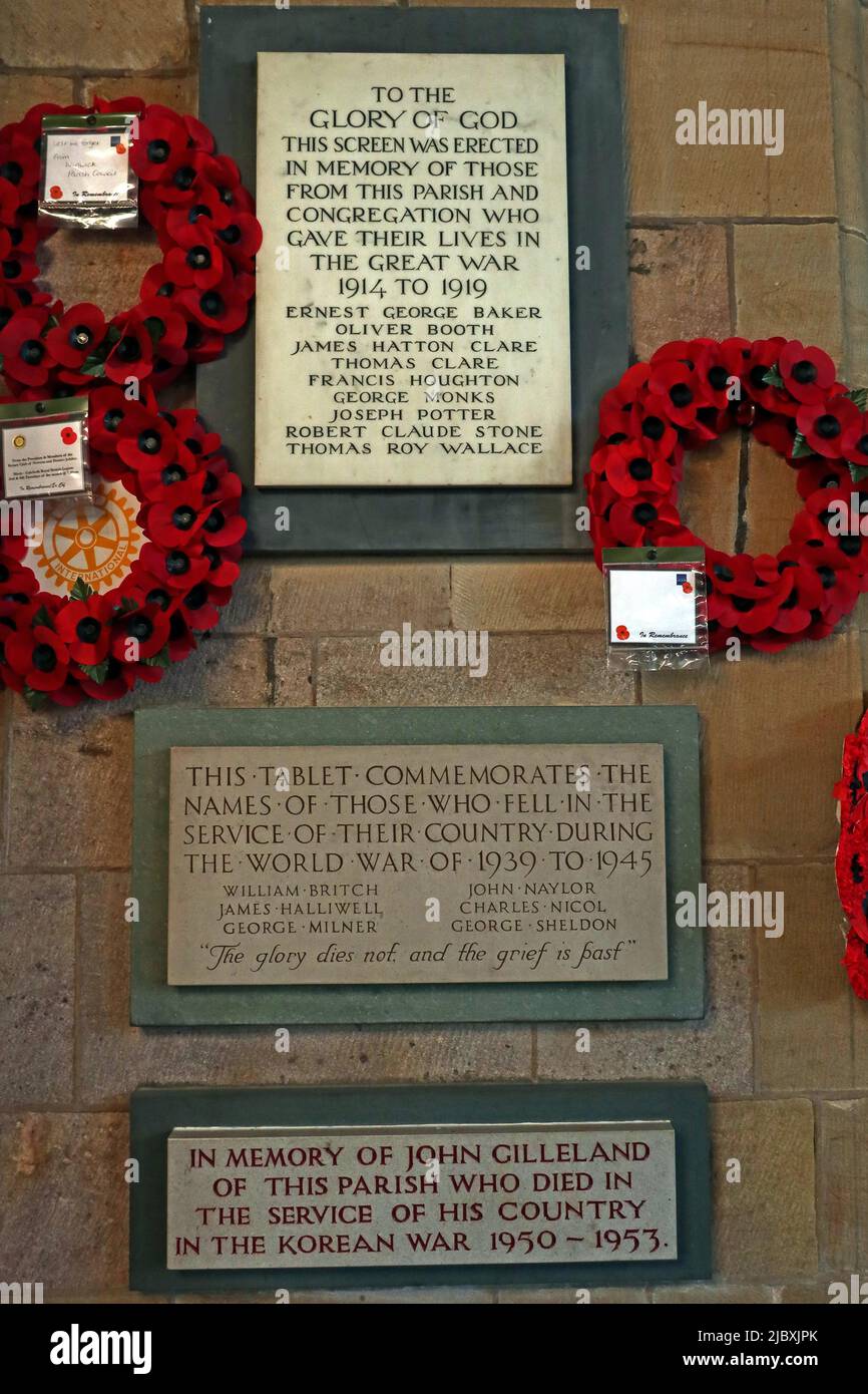 Gedenkstätten in St. Oswald's Church, Golborne Rd, Winwick, Warrington, Cheshire, England, WA2 8SZ Stockfoto