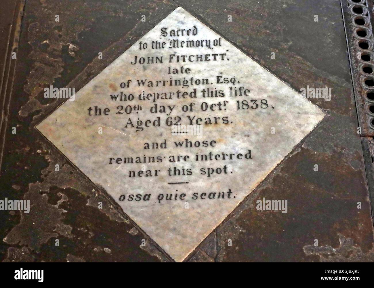 John Fitchett Memorial 1838, St. Oswald's Church, Golborne Rd, Winwick, Warrington, Cheshire, England, WA2 8SZ Stockfoto