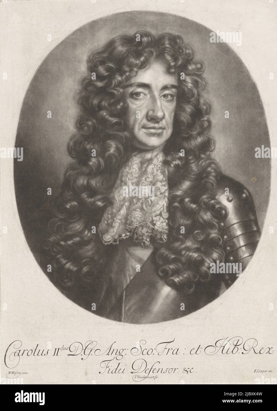Karl II., König von England, Schottland und Irland. Er trägt Rüstung und eine lange lockige Perücke., Porträt von Charles II. Von England, Druckerei: Jan van der Vaart, (auf Objekt erwähnt), nach: Willem Wissing, (auf Objekt erwähnt), Verlag: Edward Cooper, (Auf Objekt genannt), Druckerei: London, Verlag: England, 1682 - 1721, Papier, Gravur, H 351 mm × B 252 mm Stockfoto