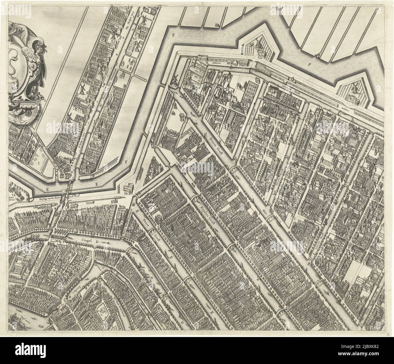 Große Karte der Stadt Amsterdam von 1625. Oben links eine Ansicht der Stadt und oben rechts eine Karte der Umgebung. Auf der rechten Seite eine Liste der Namen der Straßen auf der Alten und Neuen Seite der Stadt. Die Karte besteht aus neun Blättern, von denen zwei fehlen. Dies ist das obere Mittelblatt mit dem Beginn des Overtooms und des Begijnenhofs, Karte von Amsterdam (oberes Mittelblatt), 1625, Druckerei: Balthasar Florisz. Van Berckenrode, Balthasar Florisz. Van Berckenrode, Verlag: Balthasar Florisz. Van Berckenrode, Druckerei: Amsterdam, Verlag: Nordholland, Verlag: Amsterdam Stockfoto