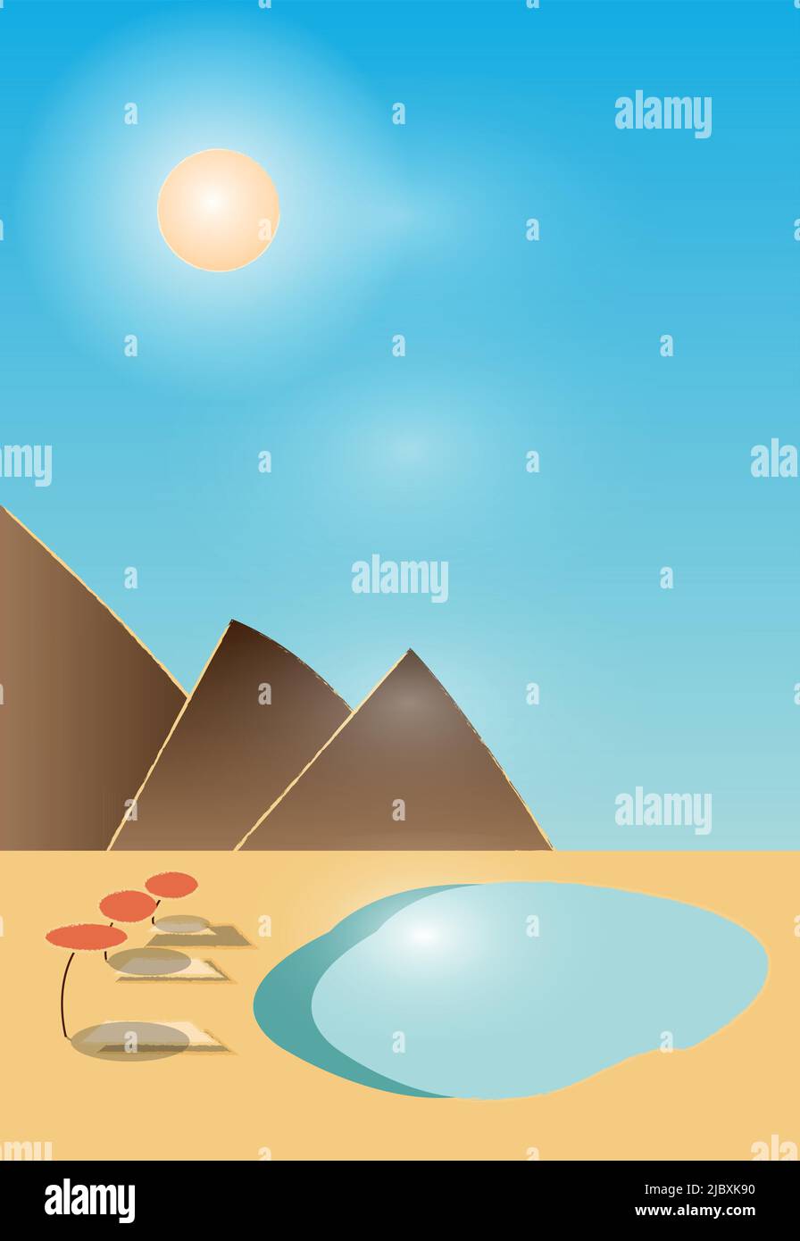 Eine leichte Skizze einer Wüstenlandschaft mit Bergen im heißen Sommer in der Nähe eines Pools, eines Teiches. vektorgrafik Stock Vektor