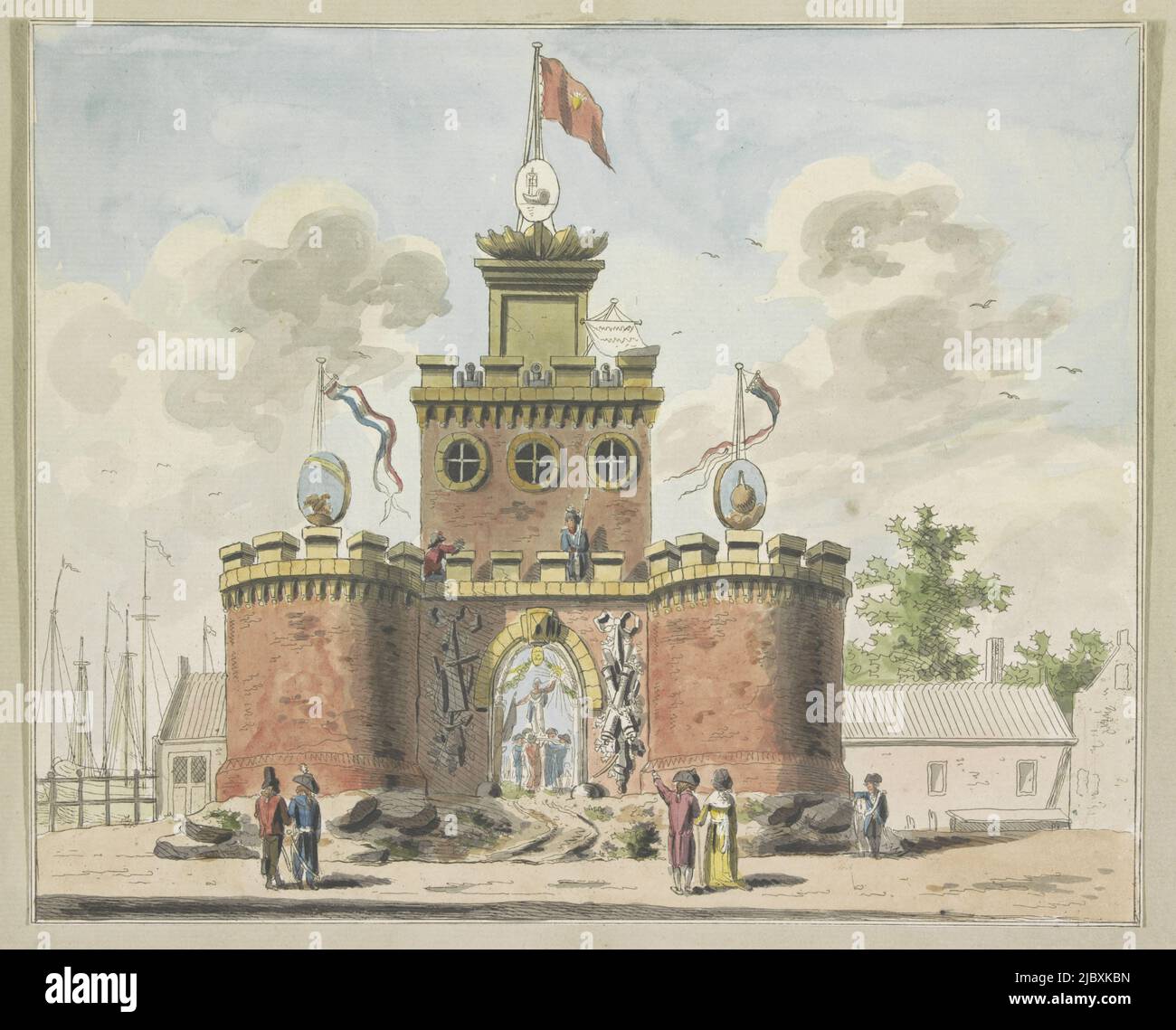 Das Generalaufwament, allegorische Dekoration, errichtet auf dem Kadijksplein in Amsterdam beim Bündnisfest am 19. Juni 1795. Mittelalterliche Burg auf Felsen, auf den Türmen Symbole der Astronomie, Hydrographie und Geometrie, auf dem Chassinet in der Unterführung, Liberty wird auf einem Schild von Batavian und Französisch Matrosen gehisst. Teil einer Serie von zehn Dias, General Armament, Dekoration am Kadijksplein, 1795 zehn Dias der Dekorationen auf der Allianz-Partei in Amsterdam 1795 (Serientitel), Druckerei: A. Verkerk, Verlag: Johannes Roelof Poster, Druckerei: Niederlande, Verleger Stockfoto