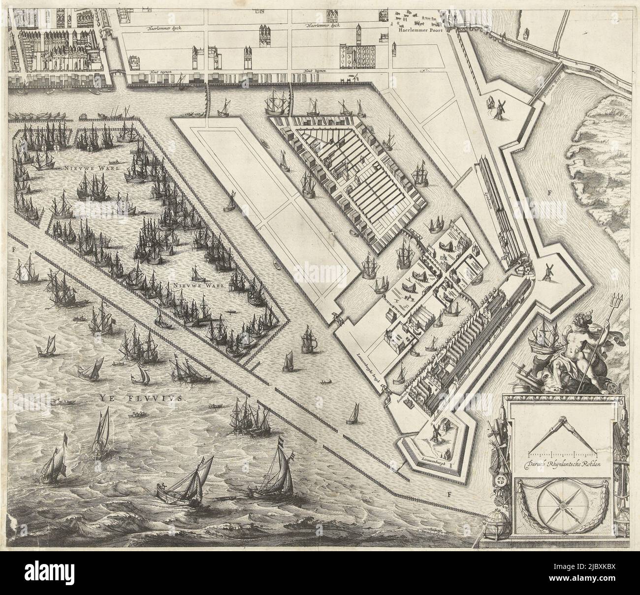 Große Karte der Stadt Amsterdam von 1625. Oben links eine Ansicht der Stadt und oben rechts eine Karte der Umgebung. Auf der rechten Seite eine Liste der Namen der Straßen auf der Alten und Neuen Stadt. Die Karte besteht aus neun Blättern, von denen zwei fehlen. Dies ist das Blatt unten rechts mit den westlichen Inseln, Karte von Amsterdam (Blatt unten rechts), 1625, Druckerei: Balthasar Florisz. Van Berckenrode, Balthasar Florisz. Van Berckenrode, Verlag: Philippus Molevliet, Druckerei: Nord-Niederlande, Verlag: Amsterdam, 1625, Papier, Radierung, H 460 mm × B 534 mm Stockfoto