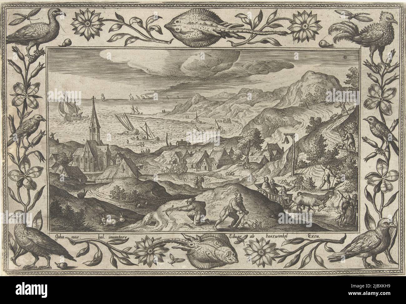 Hügelige Landschaft mit Kaninchenjagd. Im Vordergrund einige Jäger schießen Kaninchen mit einer Armbrust. Der Druck hat einen ornamentalen Rahmen mit Blumen, Fischen und Tieren. Es ist Teil einer vierundzwanzig-bändigen Serie von Landschaften mit biblischen, mythologischen Szenen und Jagdszenen., Rabbit Hunting Landscapes with Biblical, mythological Scenes and Hunting Scenes (Serientitel), Druckerei: Adriaen Collaert, (auf Objekt erwähnt), Hans Bol, (auf Objekt erwähnt), Verlag: Eduwart van Hoeswinckel, (erwähnt auf Objekt), Antwerpen, 1582 - 1586, Papier, Gravur, H 141 mm × B 206 mm Stockfoto