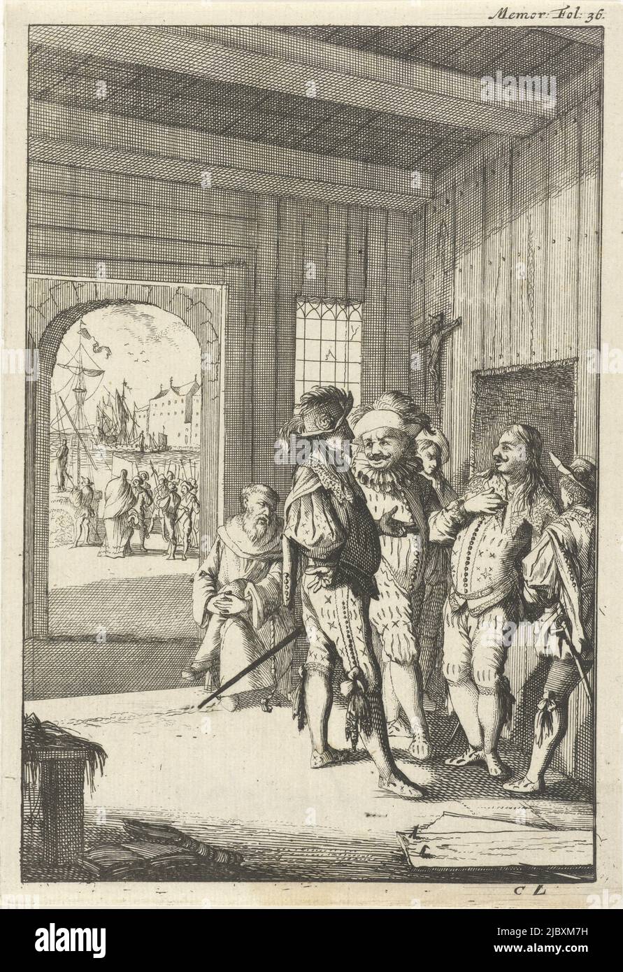 Drucken markiert oben rechts: Memor: Fol. 36., Don Ferdinando de Valenzuela wird in seinem Versteck entdeckt, Druckerei: Caspar Luyken, (auf Objekt erwähnt), Verlag: Willem Broedelet, Druckerei: Amsterdam, Verlag: Utrecht, 1696, Papier, Radierung, H 188 mm × B 131 mm Stockfoto