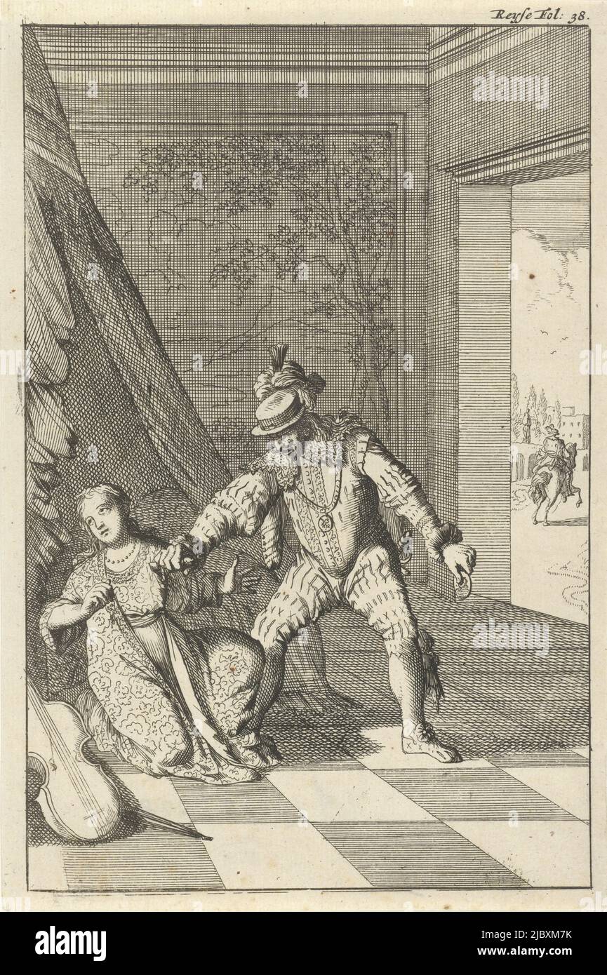 Druck markiert oben rechts: Reyse Fol: 38., Marquise von Barbaran von ihrem Mann erstochen, Druckerei: Caspar Luyken, Verlag: Willem Broedelet, Druckerei: Amsterdam, Verlag: Utrecht, 1696, Papier, Radierung, H 192 mm × B 128 mm Stockfoto