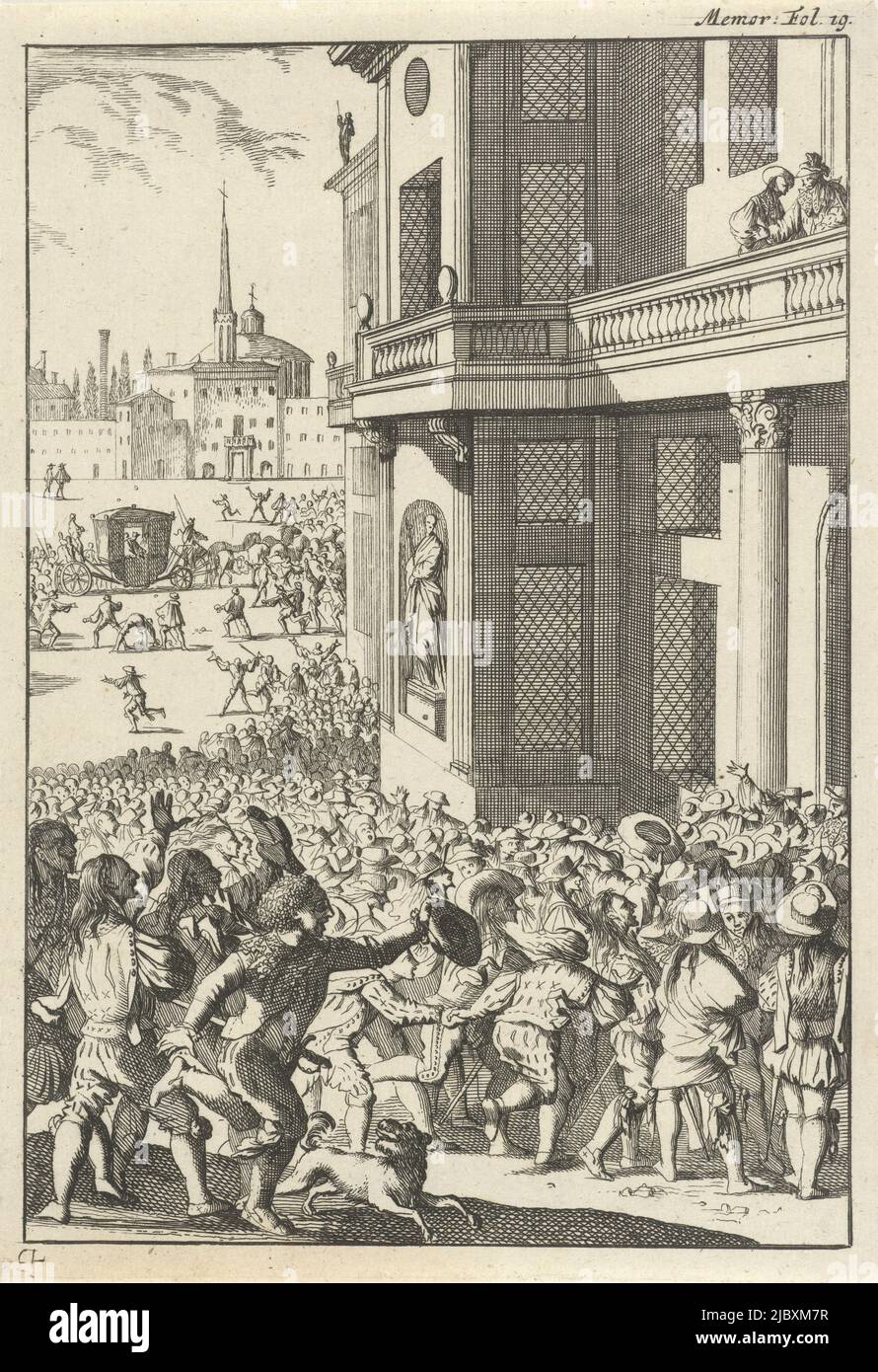 Drucken markiert oben rechts: Memor: Fol: 19., großer Volksaufstand vor dem Palast in Madrid, Druckerei: Caspar Luyken, (auf Objekt erwähnt), Verlag: Willem Broedelet, Druckerei: Amsterdam, Verlag: Utrecht, 1696, Papier, Radierung, H 185 mm × B 128 mm Stockfoto