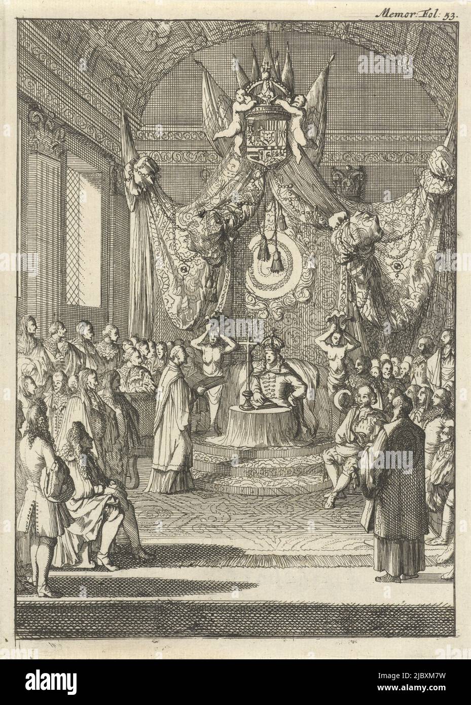 Print marked oben rechts: Memor: Fol: 53., Karl II., König von Spanien, hört auf seinem Thron den Friedensbedingungen in Nijmegen zu, Druckerei: Caspar Luyken, Verlag: Willem Broedelet, Druckerei: Amsterdam, Verlag: Utrecht, 1696, Papier, Radierung, H 188 mm × B 136 mm Stockfoto