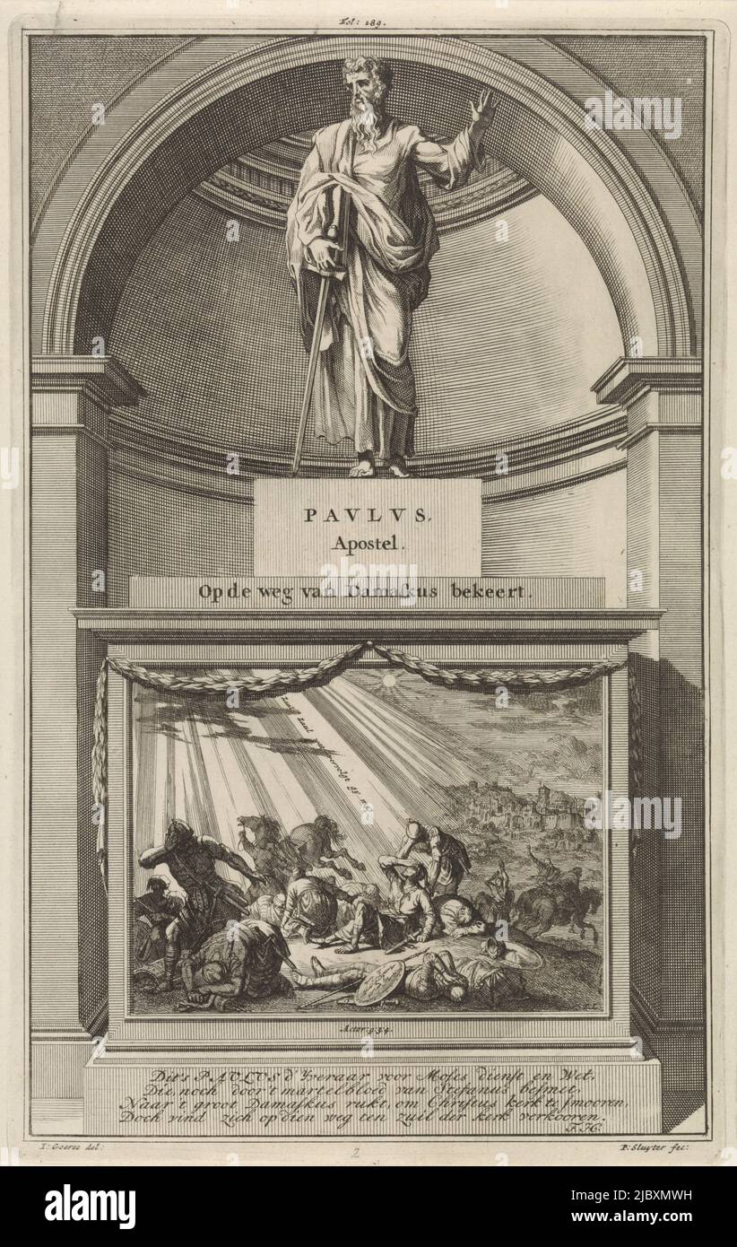 Der Apostel Paulus mit einem Schwert in der Hand. Paulus steht auf einem Sockel, auf dem auf der Vorderseite seine Bekehrung während seines marsches nach Damaskus abgebildet ist. Druck markiert oben Mitte: Fol: 189., Apostel Paul Paul, Apostel. Auf dem Weg nach Damaskus Konvertiten , Druckerei: Jan Luyken, (erwähnt auf Objekt), Druckerei: Zacharias Chatelain (II), (erwähnt auf Objekt), Zeichner: Jan Goeree, (erwähnt auf Objekt), Amsterdam, 1698, Papier, Radierung, Gravur, H 284 mm × B 181 mm Stockfoto