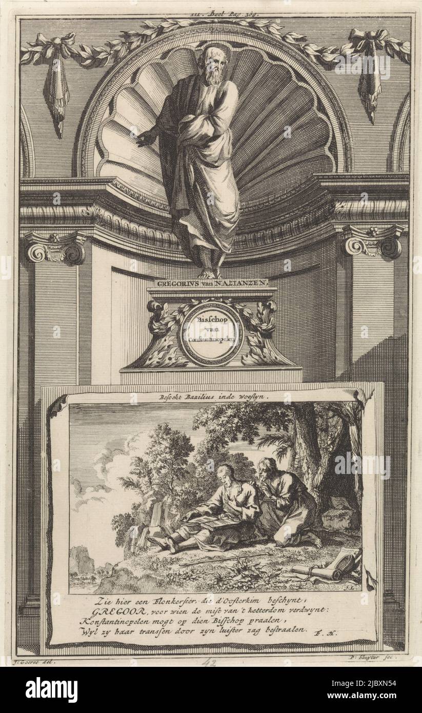 Der heilige Kirchenvater Gregor von Nazianze des Jüngeren, der auf einem Sockel stand. Auf der Vorderseite die Szene, in der er seinen Freund Basil von Caesarea in der Einsiedelei aufsucht. Drucken markiert oben Mitte: III. Teil. Gregor von Nazianzen der Jüngere, Kirche Pater Gregor von Nazianzen, Bischof von Konstantinopel besucht Bazilius in der Wüste, Druckerei: Jan Luyken, (auf Objekt erwähnt), Druckerei: Zacharias Chatelain (II), (auf Objekt erwähnt), Zeichner: Jan Goeree, (auf Objekt erwähnt), Amsterdam, 1698, Papier, Radierung, Gravur, H 268 mm × B 167 mm Stockfoto